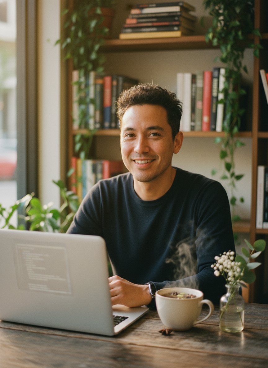 A small-business owner smiling warmly at a laptop in a cozy shop.